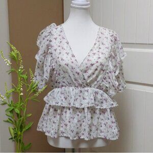 ANTHROPOLOGIE Selected Femme White ruffled peasant short sleeves top flower